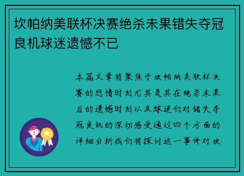 坎帕纳美联杯决赛绝杀未果错失夺冠良机球迷遗憾不已